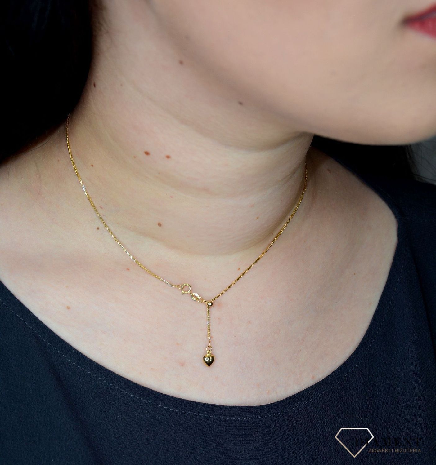 Złoty łańcuszek 585 krawacik z serduszkiem DIA-LAN-3148-585 1mm.jpg